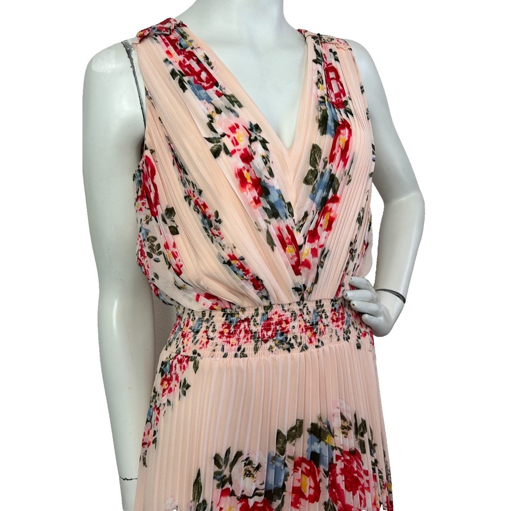 WHBM Maxi Plisse Dress Size 4 Pink Floral Chiffon V-Neck Sleeveless Zip EUC - Picture 9 of 15